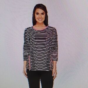 DENIM & CO. ACTIVE 3/4 SLEEVE STRIPED TOP M